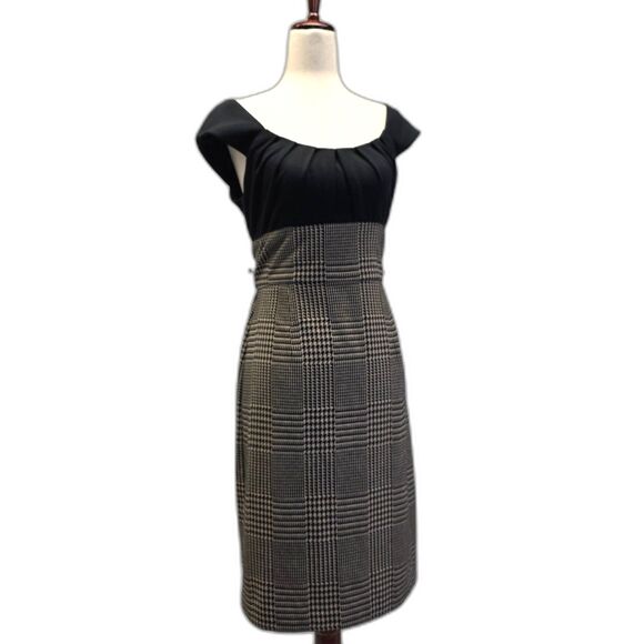London Times Black and Grey Houndstooth Plaid Cap Sleeve Midi Dress Size 8 - Picture 3 of 13